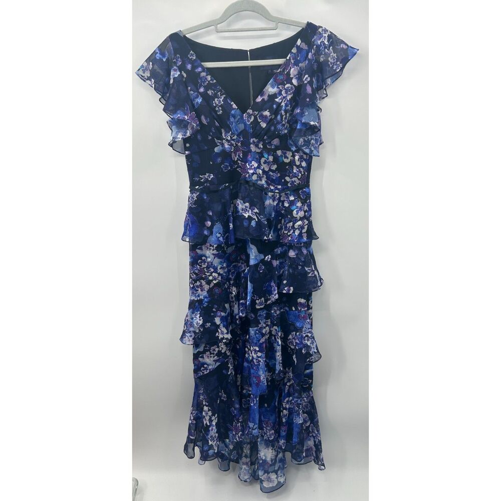 Marchesa Notte Dark Blue Floral Dress Sz 4 Maxi Tulle Party Tier Flutter Sleeve